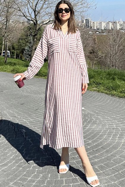 Women's Burgundy Polo Collar Stripe Pattern Linen Slit Pocket Detailed Giy Çık Dress - 700-3579
