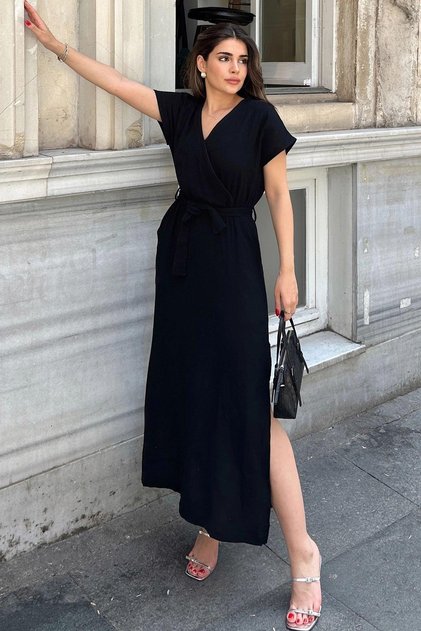 Women's Muslin Black Double Breasted Collar Elastic Waist Midi Length Dress - 700-3612