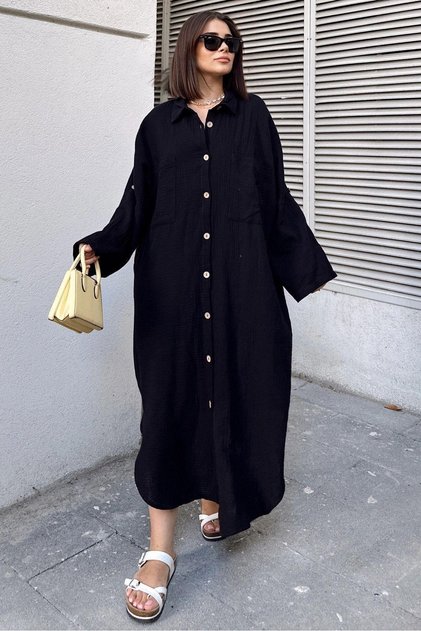 Women's Black Oversized Pocket Detailed Muslin Dress - 700-3440