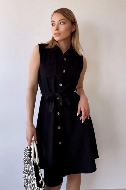 Women's Black Double Pocket Belted Shirt Dress - 700-2945
