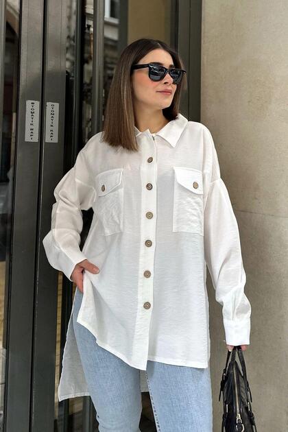 Women's White Double Pocket Cover Slit Linen Casual Shirt - 700-3524