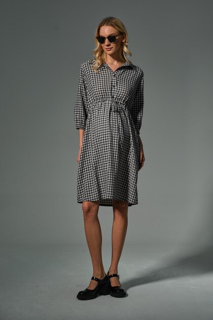 Maternity Lace-Up Shirt Collar Intermediate Size Plaid Dress Black