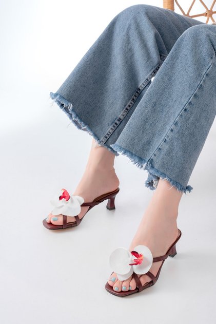 S-622 Burgundy Orchid Detailed Thin Heeled Women's Slippers
