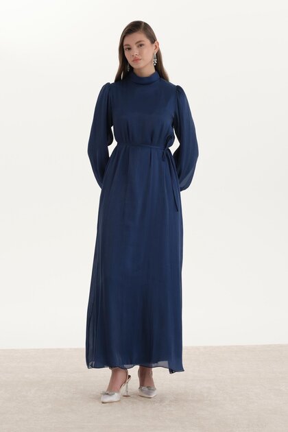 ipekton studio Organza Satin Pencil Dress Navy Blue- Trendyol