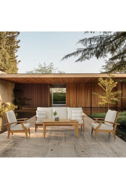 Natural Krem Ahşap Balkon Bahçe Takım Mobilya Oturma Grubu Masa Berjer Sünger Minder Sandalye 311s