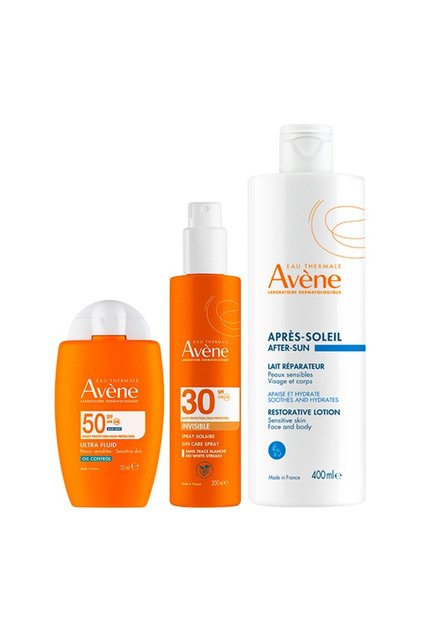 Set de îngrijire solară Avène: Fluid facial SPF50+ 50 ml, Spray invizibil SPF30 200 ml, Loțiune după soare 400 ml