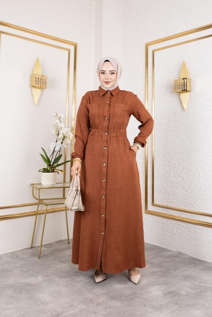 Women's Pocket Detailed Buttoned Waist Elastic Orange Dress