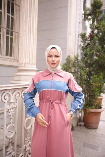 Women's Hooded Denim Detailed Sports Cap – Cotton Comfortable Hijab Coat N-05441 _ Pink