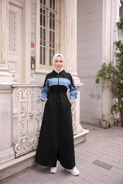 Women's Hooded Denim Detailed Sports Cap – Cotton Comfortable Hijab Coat N-05441 _ Black