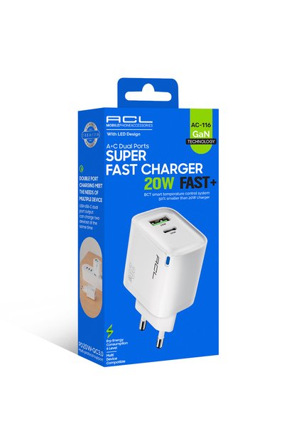 AC-116 20W GaN Süper Hızlı Duvar Şarj Cihazı – Çift Portlu (USB-A + Type-C) ve PD+QC 3.0 Destekli
