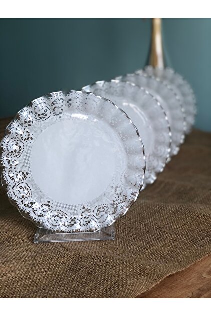 Silver Lace Patterned Curved Dessert Plate 6 Pieces