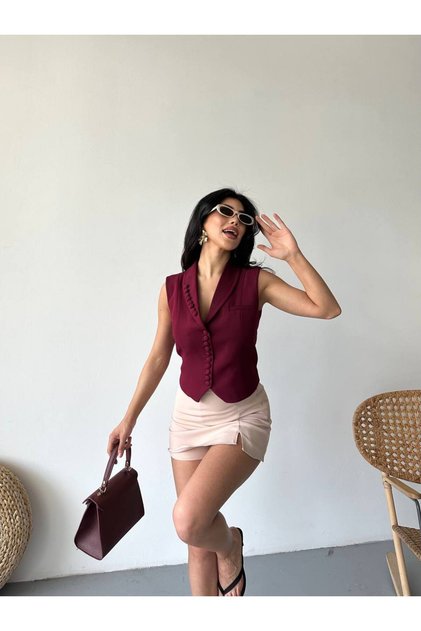 Women's Blazer Vest Jacket Burgundy Button Detailed