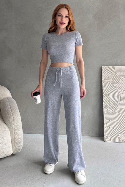 Kadın Gri Crop Pantolon Fitilli Örme Alt Üst Takım