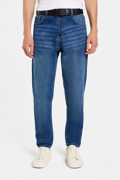 Men's Relaxed Fit Wide Leg Washed Stone Washed Boyfriend Stretch Blue Jean Denim Pants