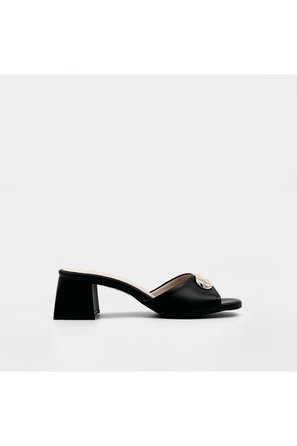 Black Genuine Leather Gold Buckle Women's Heeled Slippers