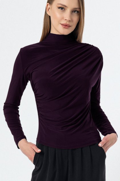 Women's Plum Drawstring Detailed Stand Collar Sandy Blouse