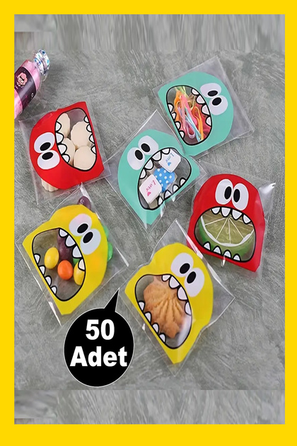 Canavar Desenli Bantlı Şeffaf Poşet Hediyelik Kendinden Yapışkanlı Jelatin 10x15cm 50 Adet