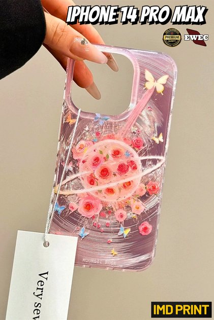 iPhone 14 Pro Max Compatible Pink Rose and Butterfly Rose Planet Hologram Imd Premium Phone Case