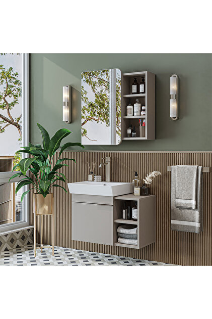 Likya Mdflam Lavabolu Banyo Dolabı Takımı, Tek Kapaklı 72 Cm Lavabolu Banyo Alt Dolabı + Üst Dolabı