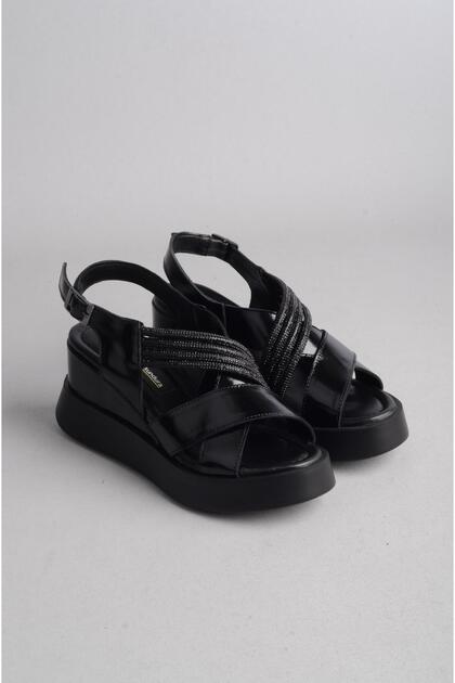 SELECT 25107901 GENUINE LEATHER STONE FILLED HEELED SANDALET (Heel: 7.5 cm, platform: 2.5 cm) BLACK RUGAN