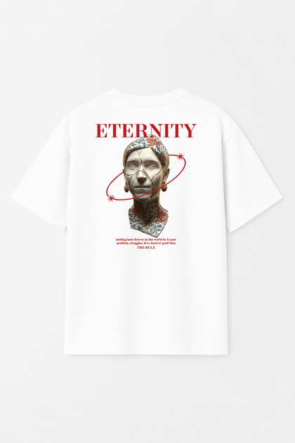 Unisex Eternity Printed Oversize 100% Cotton Wide Cut Textured White Crew Neck T-Shirt Rf0399