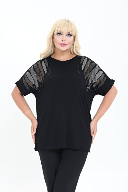 Blouse with Stones on the Shoulder Bat Sleeve 1St Quality Stone Bamboo M-6Xl