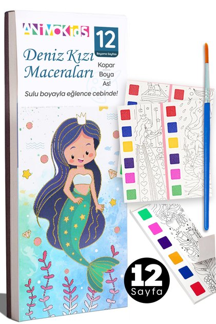 Renk Paletli Sulu Boya Kitabı + Fırça, 12 Sayfa Aktivite Boyama Kitabı Seti - Deniz Kızı Maceraları