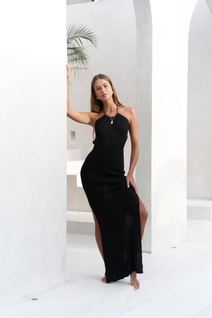 Salinas Lace Detail Black Knitwear Long Dress