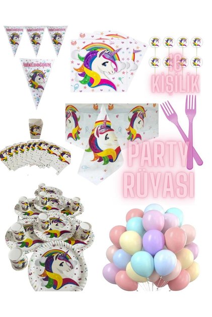 Unicorn Temalı 16 Kişilik Flamalı Doğum Günü Set