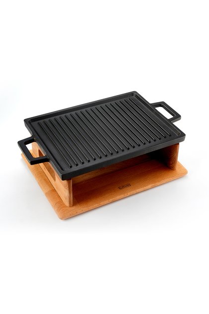 Cast Rectangular Reversible Grill Hot Plate Cast Iron Solid Double Handle Beech Serving Wood