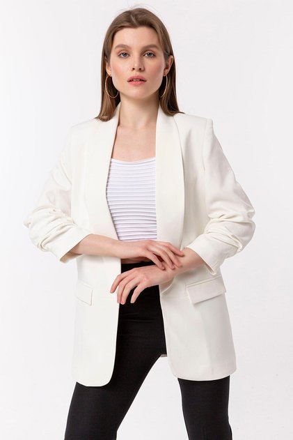 Kadın Kolu Büzgülü Blazer Beyaz Ceket