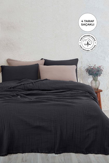 100% Cotton Muslin Bedspread Single 4 Layer Blanket 2 Piece Muslin Pique Set Black