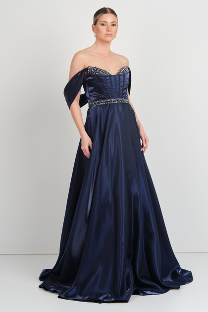 renk abiye Color Women's Waist Corsage Heart Collar Stone Decorated Long  Evening Dress 5257 Navy Blue- Trendyol