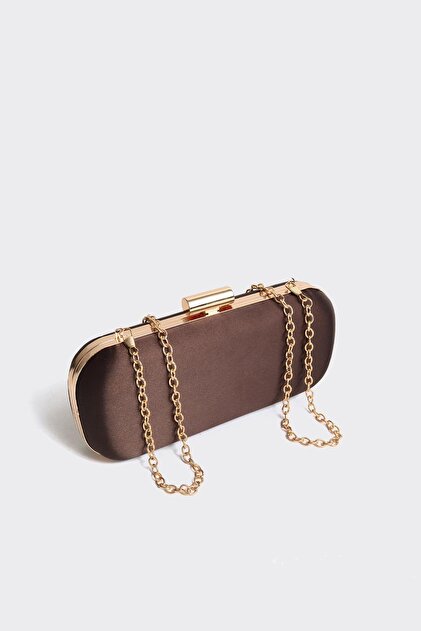 Acı Kahve Saten Gold Kapaklı Zincir Askılı Clutch Abiye Çanta