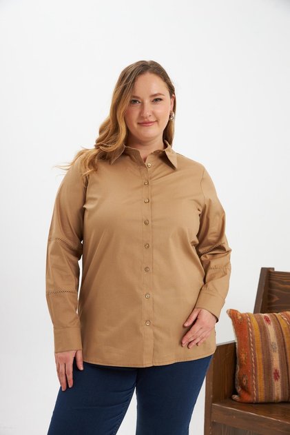 Sleeve Crochet Detailed Large Size Shirt Mink