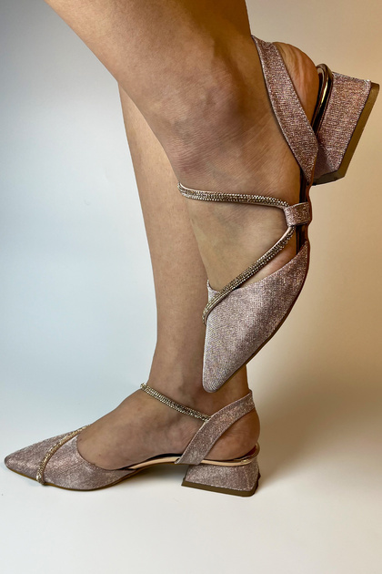 Women's Low Heeled Stone Glitter Rose Ballerina Evening Dress Shoes