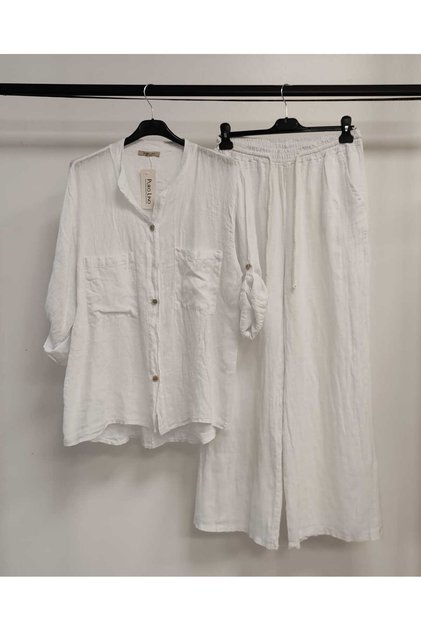 Women's White Italian Judge Collar Shirt with Straight Linen Suit