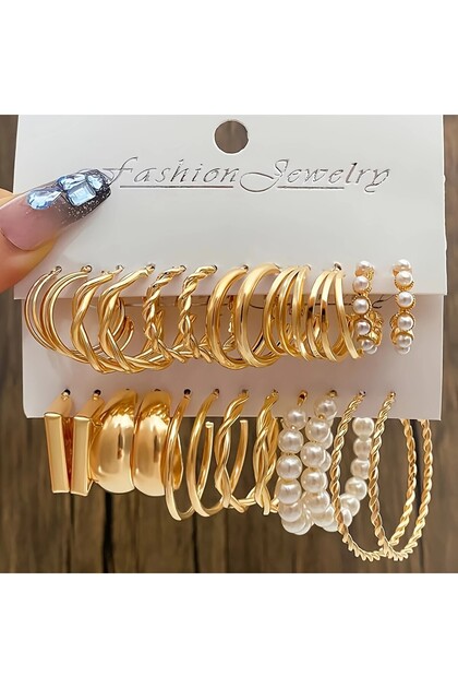12Pcs Multi-Ring Clip-On Multi-Combine Ring Earrings Set with Pearl Combine Earrings Set 12 Pairs Earrings