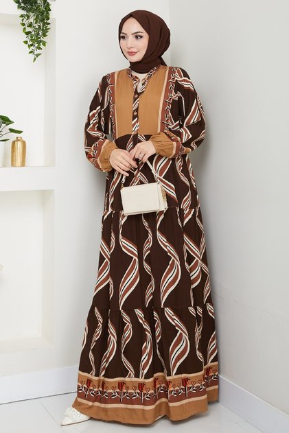 Shaped Spiral Pattern Viscose Dress Bitter Brown