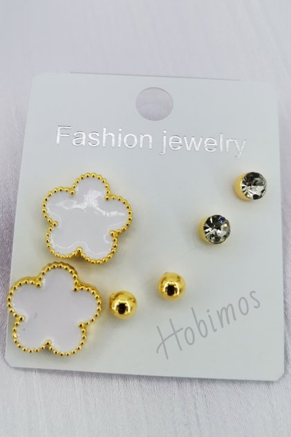3-Piece Pair Earrings Set - Daisy Design Earrings, Stone Earrings and Ball Earrings Set