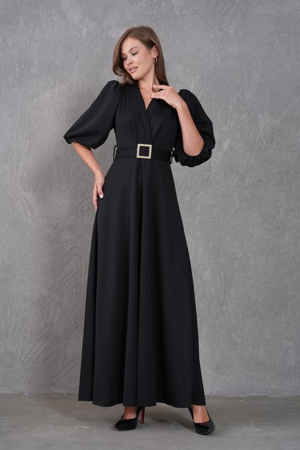 Black Crepe Fabric Black Belt Detailed V-Neck Balloon Sleeve Design Maxi Dress 77124