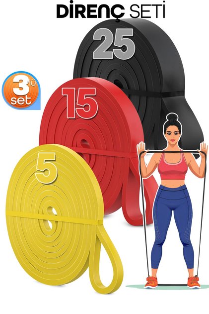 5 + 15 + 25 KG 3'lü SET Barfiks Lastiği Gym Resistance Band Antrenman Kas Geliştirme Bandı