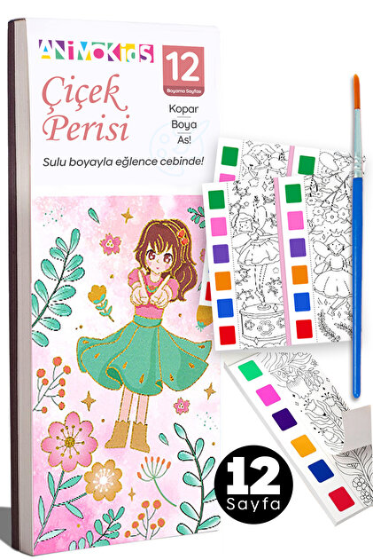 Renk Paletli Sulu Boya Kitabı + Fırça, 12 Sayfa Aktivite Boyama Kitabı Seti - Çiçek Perisi
