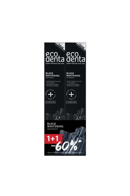 Συσκευασία 1+1-60% Extra Black Οδοντόκρεμα Λευκαντικής με Άνθρακα και Teavigo, Ecodenta, 2x75 ml