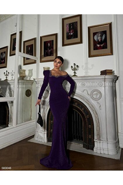 Neck Pearl Detailed Glittery Crepe Dress Purple 583046