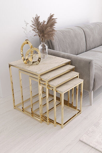 Duru 4'lü Kare Zigon Sehpa Seti Gold Ayak, Traverten Mdf