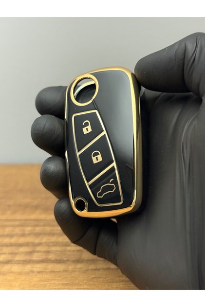 Fiat Fiorino - Linea Sustalı 3 Button Silicone Key Protection Case Black Gold Color