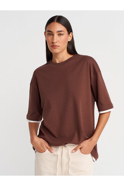 31894 100% Baumwolle Double-Look Oversize T-Shirt - Hellbraun