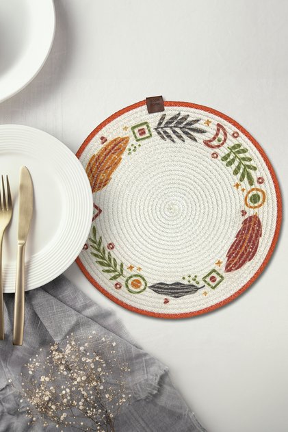 Hasır Supla Dijital Baskı Yaprak Desenli Amerikan Servis Şık Örgü Sunumluk - 32x32 cm
