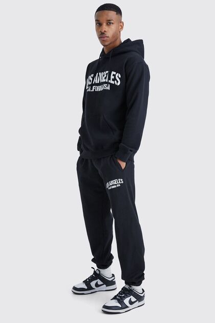 Los Angeles USA Tracksuit - Black Printed Suit Jogger Sweatshirt Elastic Leg Hooded